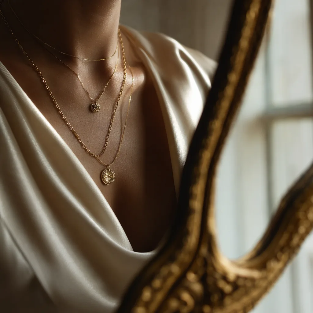Close crop of the layered gold necklaces from the campaign